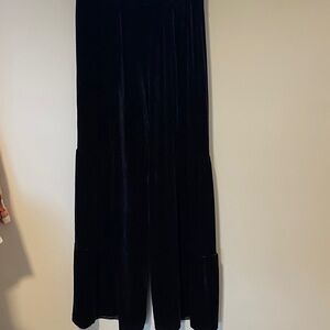 Black Boho Velvet Wide-Leg Pants with tiered bottom Details